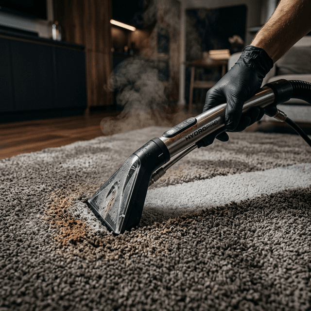 Professional carpet cleaner using hot water extraction on a carpet in a Manchester home
